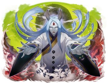  1girl colored_skin heterochromia horns japanese_clothes kimono long_hair looking_at_viewer naruto_(series) naruto_shippuuden:_ultimate_ninja_blazing official_art ootsutsuki_kaguya red_eyes rinne_sharingan solo third_eye tomoe_(symbol) white_eyes white_hair white_kimono white_skin 