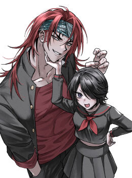  1boy 1girl abarai_renji amugonagurim black_hair black_jacket black_pants black_sailor_collar black_serafuku black_shirt black_skirt bleach breasts collarbone commentary_request crop_top delinquent facial_tattoo gakuran gold_buttons hair_between_eyes hair_over_one_eye hand_in_pocket hand_on_another's_chin hand_on_own_hip headband highres jacket korean_commentary kuchiki_rukia long_hair looking_at_viewer medium_breasts midriff neckerchief official_alternate_costume open_mouth pants parted_lips pectorals pleated_skirt print_headband purple_eyes red_eyes red_hair red_neckerchief red_shirt sailor_collar school_uniform serafuku shirt short_hair sideburns skirt smile snowflake_print tattoo teeth upper_body white_background 