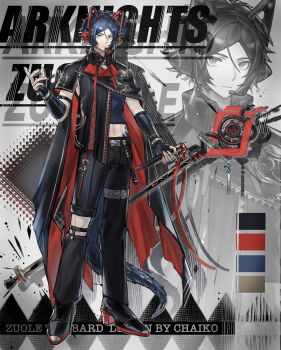  1boy alternate_costume animal_ear_headphones animal_ears arknights black_cape black_leg_warmers black_pants blue_eyes blue_hair blue_shirt cape cat_ear_headphones cat_ears chaiko1030 color_guide commentary_request crop_top english_text fake_animal_ears headphones highres holding holding_staff leg_warmers male_focus microphone mismatched_pants pants pants_rolled_up red_cape shirt short_hair snake_boy snake_tail solo staff tail thigh_strap two-sided_cape two-sided_fabric zuo_le_(arknights) 