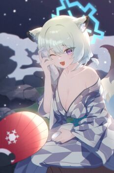  1girl ;d animal_ear_fluff animal_ears bath_yukata blue_archive blue_halo breasts charlotte_(charl0tte_aube) choko_(cup) cleavage collarbone cup fang green_hair grey_kimono hair_between_eyes halo hand_fan hand_up hashtag-only_commentary highres holding holding_cup holding_towel japanese_clothes kimono kimono_partially_removed looking_at_viewer medium_breasts official_alternate_costume one_eye_closed onsen open_mouth paper_fan purple_eyes rock shigure_(blue_archive) shigure_(hot_spring)_(blue_archive) single_bare_shoulder sitting skin_fang smile snowing solo striped_clothes striped_kimono sweat tail towel uchiwa vertical-striped_clothes vertical-striped_kimono weasel_ears weasel_girl weasel_tail wiping_face yagasuri yukata 