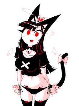  1girl ? andaerz animal_ears bell black_hair black_panties black_shirt black_thighhighs bow bow_legwear breasts cat_ear_panties cat_ears cat_girl cat_girl_(andaerz) cat_lingerie cat_tail collar cowboy_shot crop_top fishnet_sleeves fishnets halo highres large_ears limited_palette long_hair medium_breasts midriff mouse_(animal) navel neck_bell original panties red_bow red_eyes shirt side-tie_panties t-shirt tail tail_bow tail_ornament thighhighs underwear white_background white_bow wings 