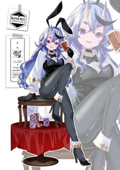  1girl alternate_costume animal_ear_hairband animal_ears ankle_cuffs arm_support artist_name black_bow black_bowtie black_choker black_gloves black_hair black_hairband black_leotard black_pantyhose black_shoes bow bowtie breasts card casino_card_table choker collared_shirt crossed_bangs diamond_print fake_animal_ears fake_tail fang full_body gloves hair_between_eyes hairband hand_up high_heels hikimayu holding holding_card knee_up kokutan_kiseru leotard long_hair long_sleeves looking_at_viewer medium_breasts mole mole_under_mouth multicolored_hair nijisanji nontraditional_playboy_bunny open_mouth outline pantyhose playing_card pointy_ears poker_chip print_shirt puffy_long_sleeves puffy_sleeves pumps purple_eyes purple_hair rabbit_ears rabbit_tail rindou_mikoto shirt shoes sitting sitting_on_table skin_fang smile strapless strapless_leotard streaked_hair table tablecloth tail twitter_username unmoving_pattern very_long_hair virtual_youtuber white_background white_outline white_shirt zoom_layer 