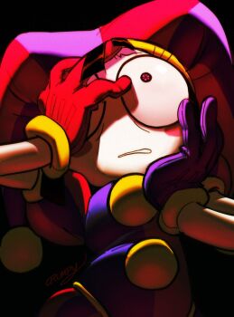  1girl asymmetrical_gloves black_background blue_gloves chronocrump colored_skin commentary english_commentary gloves hand_on_own_face hat highres jester_cap mismatched_gloves multicolored_eyes pomni_(the_amazing_digital_circus) red_gloves signature solo the_amazing_digital_circus two-tone_eyes two-tone_hat white_skin 