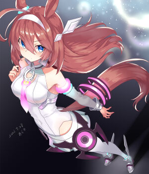  1girl ahoge animal_ears araki_(qbthgry) bare_shoulders blue_eyes blush breasts brown_hair commentary_request detached_sleeves grey_hairband grey_leotard grey_skirt grey_sleeves hair_between_eyes hairband highleg highleg_leotard highres horse_ears horse_girl horse_tail large_breasts leotard long_hair looking_at_viewer lowleg lowleg_skirt mihono_bourbon_(mb-19890425)_(umamusume) mihono_bourbon_(umamusume) necktie pink_necktie silver_hairband skirt solo tail thighhighs umamusume white_leotard white_thighhighs 