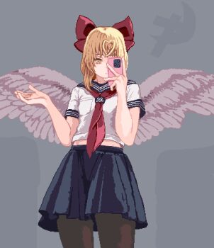  1girl alternate_costume black_pantyhose blonde_hair blue_sailor_collar blue_skirt bow breast_pocket cellphone commentary contemporary cowboy_shot crescent cross english_commentary gengetsu_(touhou) grey_background hair_bow highres lotus_land_story medium_hair midriff neckerchief nukekip one_eye_covered pantyhose phone photo-referenced pixel_art pocket red_bow red_neckerchief sailor_collar school_uniform serafuku shirt short_sleeves skirt smartphone solo touhou touhou_(pc-98) white_shirt white_wings wings yellow_eyes 