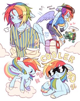  1girl adapted_costume animal animal_ears blue_skin cloud colored_skin commentary creature_and_personification cutie_mark dual_persona flying goggles goggles_on_head highres horse_ears horse_girl jewelry long_hair multicolored_hair multiple_views my_little_pony my_little_pony:_equestria_girls my_little_pony:_friendship_is_magic necklace pegasus personification pony_(animal) rainbow_dash rainbow_dash_(equestria_girls) rainbow_hair red_shoes sharpycharot shoes short_hair sneakers sunglasses symbol-only_commentary tank_(my_little_pony) tomboy turtle wings wonderbolts_uniform 