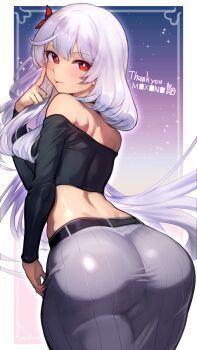  1girl :p ass ass_focus bare_shoulders belt black_belt black_shirt blush breasts commentary commission commissioner_name commissioner_upload crop_top dimples_of_venus english_commentary finger_to_face flower from_behind gradient_background grey_skirt hair_between_eyes hair_flower hair_ornament highres huge_ass long_hair long_skirt long_sleeves looking_at_viewer looking_back maxine_poshon median_furrow medium_breasts off-shoulder_shirt off_shoulder original r123 red_eyes red_flower shirt skeb_commission skirt smile solo sparkle_background standing thank_you tongue tongue_out very_long_hair white_hair 