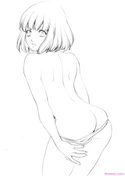  1boy androgynous artist_name ass back bob_cut catherine:_full_body catherine_(game) commentary_request cowboy_shot highres lineart looking_back oyaman panties panty_pull rin_(catherine) short_hair trap twitter_username underwear white_background 