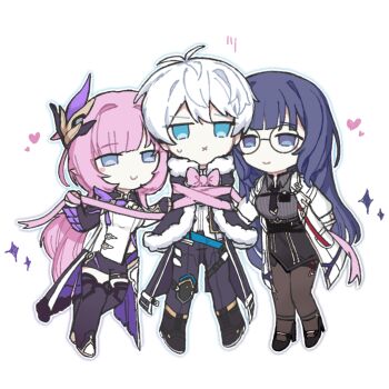  1boy 2girls ahoge black_boots black_coat black_necktie black_pants black_shorts black_shrug black_skirt blue_eyes boots bound chinese_commentary coat commentary_request elf elysia_(honkai_impact) elysia_(miss_pink_elf)_(honkai_impact) glasses grey_sweater hair_ornament heart hetero highres honkai_(series) honkai_impact_3rd kevin_kaslana lab_coat long_hair looking_at_viewer mei_(honkai_impact) multiple_girls necktie nibabaqiuye pants pink_hair pink_ribbon pointy_ears purple_eyes purple_hair ribbon round_eyewear shorts shrug_(clothing) simple_background skirt smile sweatdrop sweater tied_up_(nonsexual) very_long_hair white_background white_coat white_hair x_mouth 