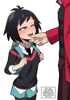  1boy 1girl absurdres antenna_hair backpack bag black_hair black_necktie black_pants black_sweater bluebutter brown_pants commentary drooling english_text finger_in_another's_mouth hair_ornament hairclip handler_mj_(bluebutter) height_difference highres jacket marvel miniskirt necktie one_eye_closed pants peni_parker red_eyes red_jacket saliva school_uniform skirt spider-man:_across_the_spider-verse spider-man_(series) spider-verse sweater tongue tongue_out 