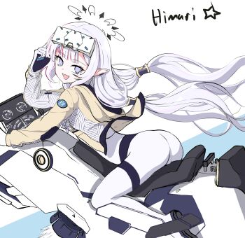  1girl :d absurdly_long_hair absurdres ass black_hair blue_archive blue_background blue_gloves bodysuit boots brown_jacket character_name commentary english_commentary exhaust flower_ornament from_behind full_body gloves hair_flowing_over halo hand_on_own_head head-mounted_display highres himari_(armed)_(blue_archive) himari_(blue_archive) hood hooded_jacket hover_bike jacket logo long_hair looking_at_viewer looking_back mole mole_under_eye motor_vehicle motorcycle multicolored_gloves multicolored_halo multicolored_jacket on_motorcycle open_mouth pointy_ears shizaa_nyaana sidelocks simple_background smile solo star_(symbol) striped_clothes striped_jacket thigh_boots twintails two-tone_background two-tone_gloves two-tone_jacket very_long_hair white_background white_bodysuit white_eyes white_gloves white_hair white_halo white_jacket 