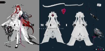  1girl absurdres bandaged_horn black_flower black_horns black_liquid black_shoes blue_background blue_eyes bouquet carriann000 choker color_guide commentary cross-laced_choker cross-laced_clothes cross-laced_legwear cross-laced_sleeves dagger dress expressionless eye_in_flower flower frilled_dress frills full_body grey_background hair_between_eyes heart_(organ) highres holding holding_bouquet hole_in_chest hole_on_body horn_ornament horns juliet_sleeves knife knife_sheath lace lace-trimmed_dress lace-trimmed_thighhighs lace_trim layered_dress long_hair long_sleeves looking_at_viewer mary_janes medium_dress original pale_skin parted_lips pink_ribbon puffy_sleeves red_hair reference_sheet ribbon see-through_clothes see-through_veil sheath sheathed shoes simple_background skirt_hold solo standing tentacle_clothes tentacles thigh_strap thighhighs torn_clothes torn_dress train_(clothing) two-tone_background unworn_dress veil very_long_hair watermark weapon white_choker white_dress white_thighhighs white_veil 