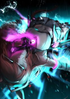  1girl absurdres animal_ears aura bare_shoulders blue_eyes breasts brown_hair commentary_request detached_sleeves electricity glowing glowing_eyes grey_hairband grey_leotard grey_skirt grey_sleeves hair_between_eyes hairband hasewo highleg highleg_leotard highres horse_ears horse_girl large_breasts leotard long_hair lowleg lowleg_skirt mihono_bourbon_(mb-19890425)_(umamusume) mihono_bourbon_(umamusume) necktie pink_necktie silver_hairband skirt solo thighhighs umamusume white_leotard 