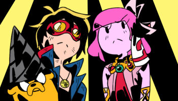 1boy 1girl adventure_time black_hair chewing_gum dog drill finn_the_human goggles jake jake_the_dog medallion nia_teppelin parody pink_hair princess_bonnibel_bubblegum simon_(ttgl) squizz tengen_toppa_gurren_lagann  rating:Sensitive score:10 user:Mr_KaraRocks