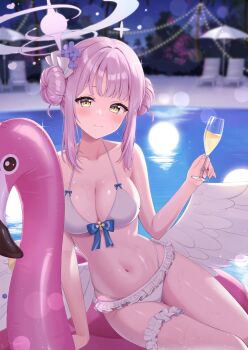  1girl absurdres alcohol angel_wings arm_support bikini blue_archive blush breasts champagne champagne_flute cleavage collarbone commentary_request cup double_bun drinking_glass feathered_wings floating floating_object frilled_bikini frills hair_bun halo highres inflatable_flamingo large_breasts lens_flare looking_at_viewer low_wings mika_(blue_archive) mochiko_(uyu_omochi) navel night outdoors patio_chair patio_umbrella pink_hair pink_halo pool sidelocks sitting sky smile solo swimsuit thigh_gap water wet white_bikini white_wings wings yellow_eyes 