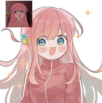  1girl :d aoirnn artist_name averting_eyes blue_eyes blush_stickers bocchi_the_rock! commentary cube_hair_ornament facing_viewer gotoh_hitori hair_ornament highres jacket long_hair one_side_up open_mouth pink_hair pink_jacket raised_inner_eyebrows reference_inset signature smile solo sparkle track_jacket upper_body 