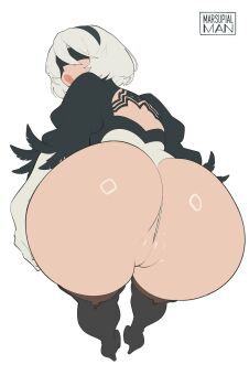 1girl 2b_(nier:automata) absurdres anus anus_peek artist_name ass ass_focus back_cutout bent_over black_hairband black_thighhighs blindfold boots clothing_cutout commentary covered_eyes curvy english_commentary fat_mons feather-trimmed_sleeves from_behind full_body gloves hairband high_heel_boots high_heels highleg highleg_leotard highres huge_ass juliet_sleeves leotard lips long_sleeves looking_back marsupial_man mole mole_under_mouth multicolored_gloves nier_(series) open_mouth partially_visible_vulva puffy_sleeves pussy shiny_skin short_hair simple_background solo standing thick_thighs thigh_boots thighhighs thighs thong_leotard wedgie white_background white_gloves white_hair white_leotard wide_hips 