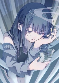  1girl absurdres against_railing black_camisole black_hair black_shorts black_tank_top blue_eyes blue_hair blunt_bangs box camisole cardigan cigarette cigarette_pack closed_mouth commentary_request dolphin_shorts drink drink_carton ear_piercing earrings from_above grey_cardigan grey_jacket hand_on_own_cheek hand_on_own_face head_rest highres holding holding_box holding_cigarette holding_drink jacket jewelry juice_box leaning_forward long_hair long_sleeves looking_down loungewear milk_carton off_shoulder open_cardigan open_clothes open_jacket original piercing railing shirt short_shorts shorts sidelocks smoke smoking solo stud_earrings tank_top teardrop tearing_up tears veranda yucchiimi 