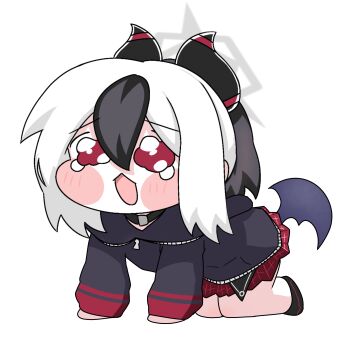  1girl all_fours black_hair black_hoodie black_shoes black_wings blue_archive blush_stickers chibi commentary_request full_body hair_between_eyes halo highres hood hood_down hoodie horns kayoko_(blue_archive) long_sleeves low_wings meme multicolored_hair open_mouth plaid_clothes plaid_skirt pleated_skirt ponytail puffy_long_sleeves puffy_sleeves red_eyes red_skirt shoes simple_background single_wing skirt sleeves_past_wrists solo speakiposting_(meme) teardrop tomimon two-tone_hair wavy_eyes white_background white_hair wings 