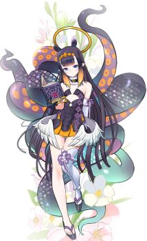 1girl absurdres ao-chan_(ninomae_ina'nis) asahi_illustrator black_dress blue_eyes breasts closed_mouth commentary dress elbow_gloves english_commentary feet gloves halo highres hololive hololive_english long_hair looking_at_viewer low_wings mole mole_under_eye ninomae_ina'nis ninomae_ina'nis_(1st_costume) pointy_ears purple_hair single_bare_foot single_elbow_glove single_thighhigh small_breasts solo tentacle_hair tentacles thighhighs toes very_long_hair virtual_youtuber white_gloves white_thighhighs wings