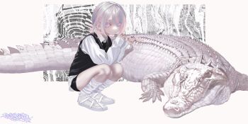  1girl absurdres albino animal bike_shorts black_nails black_necktie collared_shirt colored_eyelashes crocodile crocodilian ear_chain earclip expressionless hair_between_eyes hashtag-only_commentary highres jewelry linked_piercing long_sleeves looking_at_viewer multicolored_hair multicolored_nails multiple_rings necktie original piercing pink_hair pink_nails purple_eyes ring shirt shoes socks solo squatting sweater_vest two-tone_hair v white_eyelashes white_hair white_shoes white_socks zhayoulu 