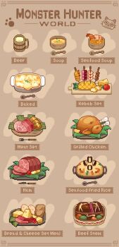  alcohol beef_stew_(food) beer beer_mug bilingual_commentary bowl bread brown_background chansui_(ginping0602) cheese chicken_(food) commentary_request copyright_name cup drink english_text felyne food food_focus fork fried_rice ham knife meat mixed-language_commentary monster_hunter:_world monster_hunter_(series) mug no_humans paw_print pixel_art sausage seafood shish_kebab shrimp shrimp_tempura simple_background skewer soup spoon stew swiss_cheese tempura tomato 