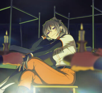  1girl 2others baseball_jersey baseball_uniform belt black_belt black_sleeves black_socks blurry blurry_foreground breasts candle candlestand chair closed_mouth clothes_writing commentary_request crossed_legs gloves grey_gloves grey_hair hair_between_eyes hand_on_own_cheek hand_on_own_face hand_on_own_knee hand_up head_rest highres higuchi_kaede indoors jersey layered_sleeves light_smile locker locker_room long_hair long_sleeves looking_at_viewer medium_breasts mole mole_under_eye multiple_others nijisanji nijisanji_koshien on_chair orange_pants pants pants_tucked_in ponytail purple_eyes raised_eyebrow shirt shirt_tucked_in short_over_long_sleeves short_sleeves sitting sitting_sideways socks solo_focus sportswear sweatdrop virtual_youtuber white_shirt zmzm_hiji 