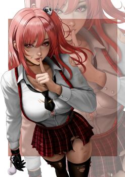  1girl alternate_costume black_gloves black_necktie breasts button_gap collared_shirt commentary dead_or_alive dirt dress_shirt finger_to_mouth from_above gloves hair_ornament highres honoka_(doa) index_finger_raised kittymiya large_breasts long_hair loose_necktie necktie one_side_up pink_eyes pink_hair plaid_clothes plaid_skirt pleated_skirt school_uniform shirt skirt skull_hair_ornament solo thighhighs torn_clothes torn_skirt torn_thighhighs white_shirt zoom_layer 