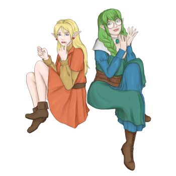  2girls belt blonde_hair blue_dress blue_eyes boots braid breasts brooch brown_belt commission commissioner_upload dress earrings elf euphemy_sylvaine full_body glasses green_dress green_eyes green_hair hair_over_shoulder highres jewelry large_breasts long_hair long_sleeves lotte_farona multiple_girls nail_polish official_art orange_dress pointy_ears round_eyewear shoes sitting smile soapwyrt transparent_background twin_braids ways_of_darkness_(series) 