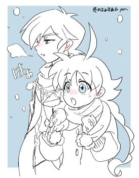  1boy 1girl :o ahiru_(princess_tutu) ahoge beefmarron blue_eyes blush braid breath coat commentary_request fakir_(princess_tutu) freckles green_eyes mittens open_mouth ponytail princess_tutu scarf single_braid sketch snowing winter_clothes 