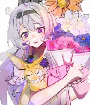  blush carrying character_doll chinese_commentary commentary_request doll dress flower frilled_sleeves frills hair_between_eyes head_tilt high_ponytail highres homu_(honkai_impact) honkai_(series) honkai_impact_3rd hugging_object kiana_kaslana kiana_kaslana_(herrscher_of_finality) looking_at_viewer multicolored_eyes open_mouth ponytail purple_eyes sharp_teeth short_sleeves star-shaped_pupils star_(symbol) symbol-shaped_pupils teeth white_hair yipe_(guzi5340) 