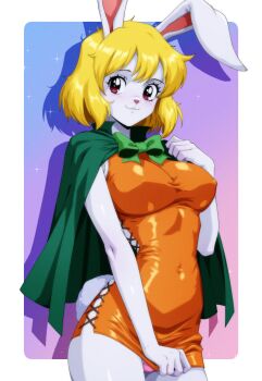  1990s_(style) 1girl :3 animal_nose blonde_hair blush body_fur border bowtie breasts cape carrot_(one_piece) closed_mouth covered_erect_nipples covered_navel cowboy_shot cross-laced_clothes cross-laced_dress dress dress_tug drop_shadow female_focus furry furry_female gradient_background gravydood green_bow green_bowtie green_cape hand_on_own_chest hand_up happy large_breasts light_blush looking_at_viewer microdress nose_blush one_piece orange_dress outside_border panties pink_panties purple_background rabbit_ears rabbit_girl rabbit_tail red_eyes retro_artstyle shiny_clothes short_hair short_tail sidelocks simple_background sleeveless sleeveless_dress smile solo sparkle standing tail underwear white_border white_fur 