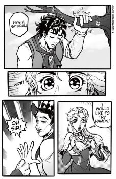  1girl 2boys comic couple english_text erina_pendleton hamon highres husband_and_wife jojo_no_kimyou_na_bouken jonathan_joestar master_and_apprentice master_and_pupil multiple_boys speech_bubble will_anthonio_zeppeli  rating:General score:1 user:Dasoap175