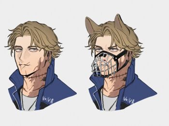  1boy animal_ears armored_core armored_core_vi:_fires_of_rubicon bad_id bad_twitter_id blue_jacket brown_hair burn_scar closed_mouth commentary curtained_hair dog_boy dog_ears facial_scar grey_eyes jacket jewelry kemonomimi_mode kyou_(iuciferic) light_smile looking_ahead looking_at_viewer male_focus multiple_views muzzle_(mask) necklace portrait scar scar_on_cheek scar_on_chin scar_on_face scar_on_mouth scar_on_neck scars_all_over short_hair simple_background too_many v.iv_rusty white_background 