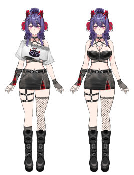  1girl :3 absurdres ahoge akuma_nihmune bare_shoulders belt black_boots black_choker black_shirt black_skirt boots breasts choker closed_mouth commentary crop_top crop_top_overhang demon_horns english_commentary facial_mark fingerless_gloves fishnet_thighhighs fishnets foxyreine gamer_supps gloves headphones high_ponytail highres horns indie_virtual_youtuber jewelry knee_boots large_breasts long_hair looking_at_viewer midriff miniskirt mole mole_under_eye multiple_views navel necklace off_shoulder ponytail purple_hair red_eyes reference_sheet shirt short_sleeves simple_background single_glove single_off_shoulder single_thighhigh skirt sleeveless sleeveless_shirt smile stomach tachi-e thigh_strap thighhighs torn_clothes torn_shirt undershirt virtual_youtuber white_background white_shirt  rating:Sensitive score:12 user:danbooru