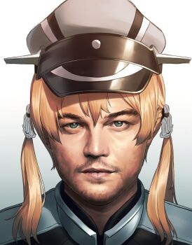  10s 1boy anchor_hair_ornament beard blew_andwhite blonde_hair closed_mouth collar cosplay expressionless facial_hair gradient_background green_eyes grey_background grey_hat hair_ornament hat highres kantai_collection leonardo_dicaprio lips looking_at_viewer male_focus peaked_cap prinz_eugen_(kancolle) prinz_eugen_(kancolle)_(cosplay) real_life short_hair simple_background twintails uniform upper_body what 