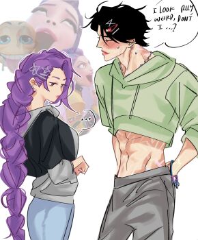  ... 1boy 1girl abs alternate_costume arms_behind_back black_hair black_hoodie blue_pants blush breasts chain chain_necklace commentary cowboy_shot cropped_hoodie english_commentary green_hoodie grey_hoodie grey_pants hair_ornament hairclip highres hood hoodie jewelry jinu_(kpop_demon_hunters) kpop_demon_hunters long_hair looking_at_another medium_breasts navel necklace notmyname642460 pants parted_bangs purple_hair rumi_(kpop_demon_hunters) short_hair spoken_ellipsis sweatdrop swimsuit two-tone_hoodie very_long_hair 