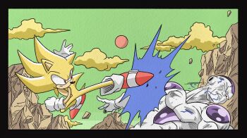  2boys alien battle black_nails bleeding blood blood_from_mouth blue_blood clenched_teeth cloud colored_skin crossover dragon_ball dragonball_z fingernails flying_kick frieza frown full_power_frieza furry furry_male gloves green_sky hedgehog_boy highres kicking male_focus mountain multiple_boys muscular muscular_male namek one_eye_closed red_eyes red_shoes shoes short_tail sky sonic_(series) sonic_the_hedgehog super_sonic tail teeth toriyama_akira_(style) wesatinthecar white_gloves white_skin yellow_fur 