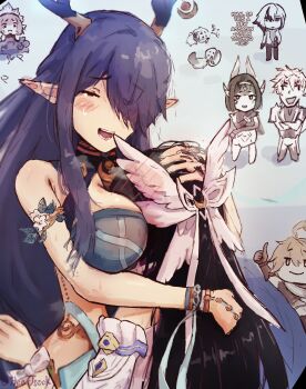  2boys 5girls absurdres aether_(genshin_impact) antler_ornament antlers aqua_dress armlet blue_dress breast_smother breasts columbina_(genshin_impact) commentary deer deer_antlers deer_girl dress english_commentary eye_tattoo face_to_breasts genshin_impact gold hair_over_one_eye head_wings heartseck highleg highleg_dress highres horns it_should_have_been_me_not_him_(meme) jewelry large_breasts lauma_(genshin_impact) leaf_dress long_sidelocks meme multicolored_hair multiple_boys multiple_girls multiple_wings nefer_(genshin_impact) pointy_ears purple_streaks reindeer_girl sandrone_(genshin_impact) sidelocks streaked_hair tattoo varka_(genshin_impact) white_dress white_headdress white_wings wings 