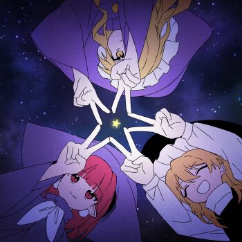  absurdres black_hat black_vest blonde_hair bow circle_formation commentary_request dress frilled_hat frills ghost_tail hair_bow hair_over_one_eye hat highres kirisame_marisa kirisame_marisa_(pc-98) long_hair long_sleeves multiple_girls phantasmagoria_of_dim.dream purple_dress purple_hat red_eyes red_hair ribbon shirt short_hair smile soooooook2 star_(sky) star_hands story_of_eastern_wonderland touhou touhou_(pc-98) vest white_shirt witch_hat yellow_eyes 