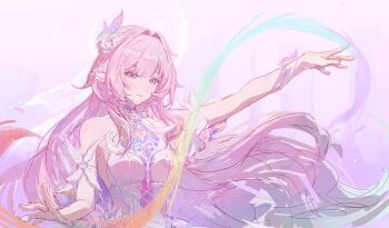  1girl absurdres amphoreus_(honkai:_star_rail) breasts chinese_commentary commentary_request cyrene_(demiurge)_(honkai:_star_rail) cyrene_(honkai:_star_rail) diamond-shaped_pupils diamond_(shape) dress flower hair_flower hair_ornament highres honkai:_star_rail honkai_(series) large_breasts long_hair mobius_strip pink_hair pointy_ears purple_eyes simple_background solo symbol-shaped_pupils very_long_hair white_dress yibanluguojuanjuanzi 