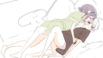  2girls black_hair cho_kaguya-hime! closed_eyes commentary_request facing_another green_pajamas hair_bun hixii1238 hug looking_at_another lying multiple_girls on_back on_side pajamas partially_colored pillow pink_shoes pink_shorts sakayori_iroha shoes short_sleeves shorts sketch sleeping smile white_hair yuri 