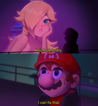  bandaid bandaid_on_face bandaid_on_nose bare_shoulders black_jacket blade_runner_(series) blade_runner_2049 blonde_hair blood blood_on_face blue_eyes blurry blurry_background blush brown_hair collarbone earrings facial_hair gold_earrings hair_between_eyes hair_over_one_eye hand_on_own_face hat highres hologram jacket jewelry lepireart long_hair looking_down looking_up mario mario_(series) mario_hat meme mustache nintendo red_hat red_shirt rosalina shirt silhouette super_mario_galaxy you_look_lonely_(meme) 