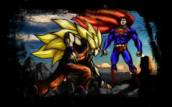  comic_style crossover dc_comics dragon_ball epic highres son_goku super_saiyan super_saiyan_3 superman  rating:Sensitive score:16 user:Zerch