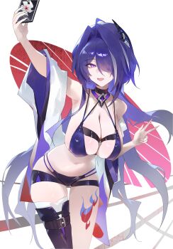  1girl absurdres acheron_(honkai:_star_rail) alternate_costume arm_up bikini black_choker breasts choker commentary dokshuri english_commentary hair_over_one_eye highres holding holding_phone honkai:_star_rail honkai_(series) large_breasts long_hair looking_at_viewer open_mouth phone purple_bikini purple_eyes purple_hair single_thighhigh solo swimsuit taking_picture thigh_gap thighhighs v 