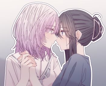  2girls black_hair cheating_(relationship) closed_mouth commentary earrings eye_contact gradient_background gradient_hair grey_background grey_neckerchief grey_shirt hair_bun hashtag-only_commentary highres hitozuma_kyoushi_ga_oshiego_no_joshikousei_ni_dohamari_suru_hanashi holding_hands ichigohara_itsuki jewelry kousaka_0v0 looking_at_another multicolored_hair multiple_girls neckerchief outline parted_lips pink_eyes pink_hair purple_eyes ring sailor_collar school_uniform serafuku shirt sidelocks togawa_rin wedding_ring white_outline white_sailor_collar white_shirt yuri 