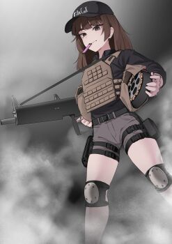  1girl aa-12 absurdres ammunition ammunition_belt ammunition_pouch assault_rifle baseball_cap battle_rifle belt black_belt black_eyes black_hat black_shirt body_armor brown_eyes brown_hair buckle bulletproof_vest collared_shirt feet_out_of_frame fog grey_shorts gun handgun hat highres holding holding_gun holding_weapon holster holstered k0ng knee_pads load_bearing_vest long_hair long_sleeves looking_at_viewer machine_gun magazine_(weapon) mouth_hold original pouch pump_action rifle shirt short_shorts shorts shotgun shotgun_shell solo standing submachine_gun tactical_clothes thigh_holster thigh_pouch thigh_strap trigger_discipline unworn_hat unworn_headwear weapon 