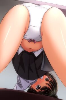  1girl absurdres ass bent_over black_hair black_skirt blush bow bow_panties brown_eyes crotch_seam highres loli long_sleeves looking_at_viewer looking_through_own_legs matsunaga_kouyou navel original panties pink_bow school_uniform shirt skirt solo top-down_bottom-up underwear white_panties white_shirt 