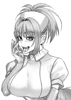  1girl blush breasts commentary_request cum cum_in_mouth cum_on_body cum_on_hands cum_on_tongue elbow_gloves gloves greyscale hat high_ponytail highres huge_breasts licking licking_cum monochrome nurse nurse_cap open_mouth ponytail sakusei_byoutou short_sleeves simple_background solo tendou_mia_(sakusei_byoutou) tongue tongue_out upper_body vortex_july white_background 