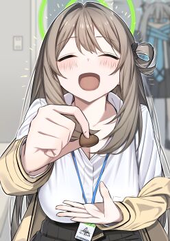  2girls absurdres animal_ears black_skirt blue_archive blue_eyes blue_scarf blurry blurry_background breasts brown_hair candy car cardigan_partially_removed chocolate chocolate_heart cleavage closed_eyes commentary_request dress_shirt facing_viewer food green_eyes green_halo grey_hair hair_bun halo happy_aura heart heart-shaped_food highres holding holding_chocolate holding_food id_card incoming_food lanyard large_breasts long_hair mizumok1 motor_vehicle multiple_girls nonomi_(blue_archive) open_mouth opening_door scarf shiroko_(blue_archive) shirt single_side_bun skirt smile solo_focus straight-on upper_body valentine wolf_ears yellow_car 